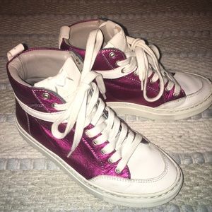 Modern Vintage Metallic Fuschia & White Hi-Tops!!!